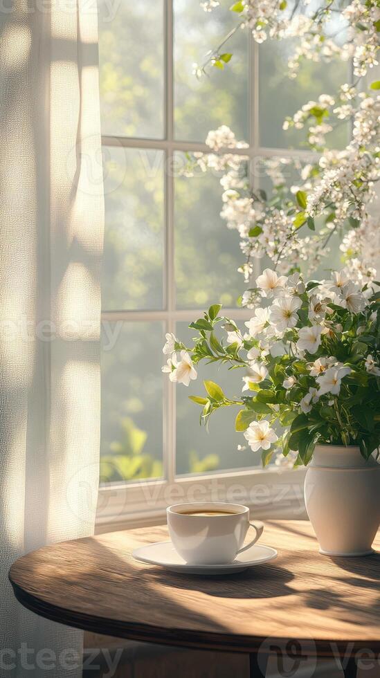 Bright morning setting with a coffee cup and blooming flowers on a wooden table by a sunny window photo