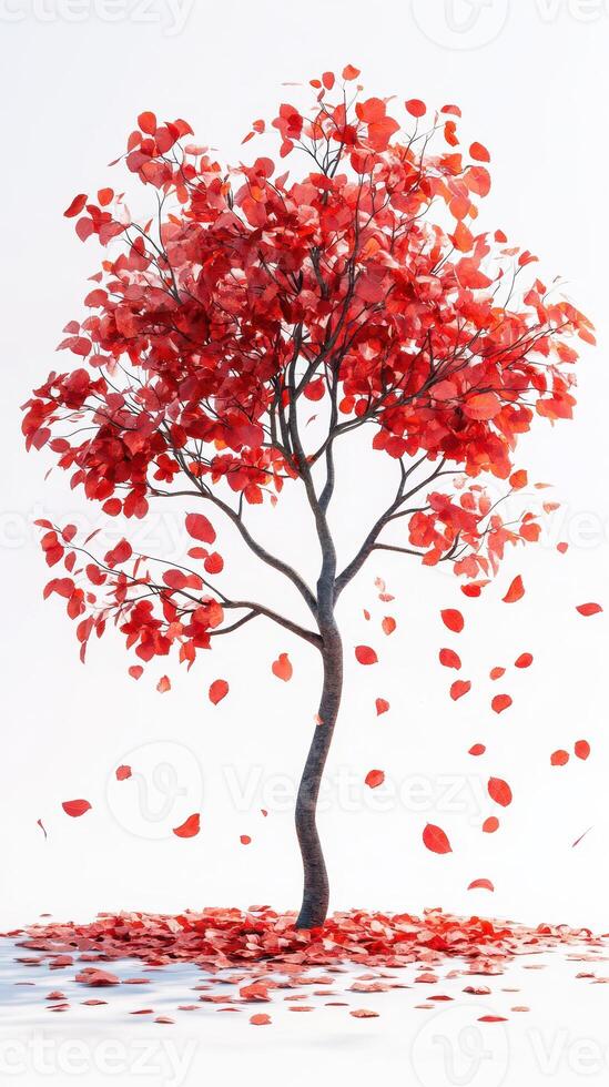 Vibrant red tree shedding leaves in a serene setting during autumn season photo