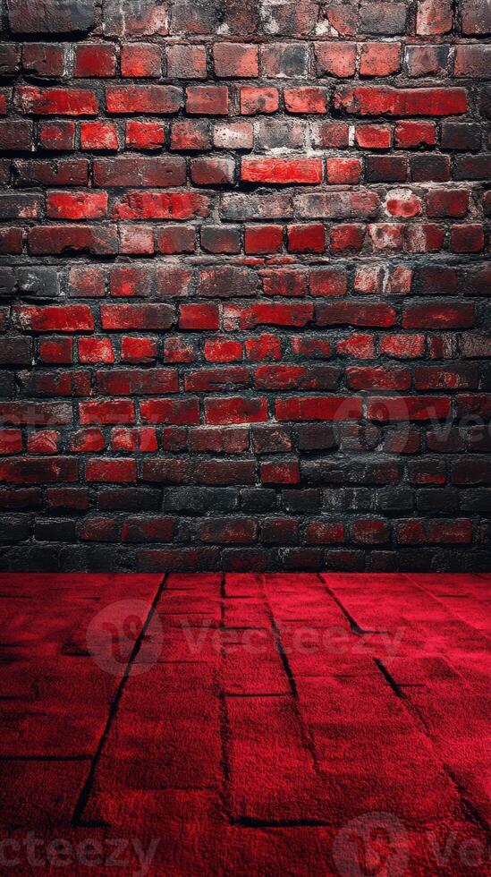 Textured red brick wall and floor create a dramatic backdrop for various artistic displays or photography sessions photo