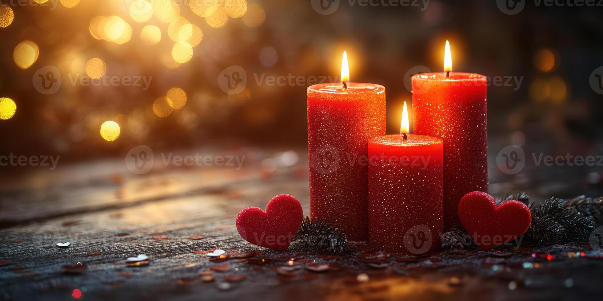 Warm and inviting red candles surrounded by hearts and festive decorations create a cozy atmosphere for celebration photo