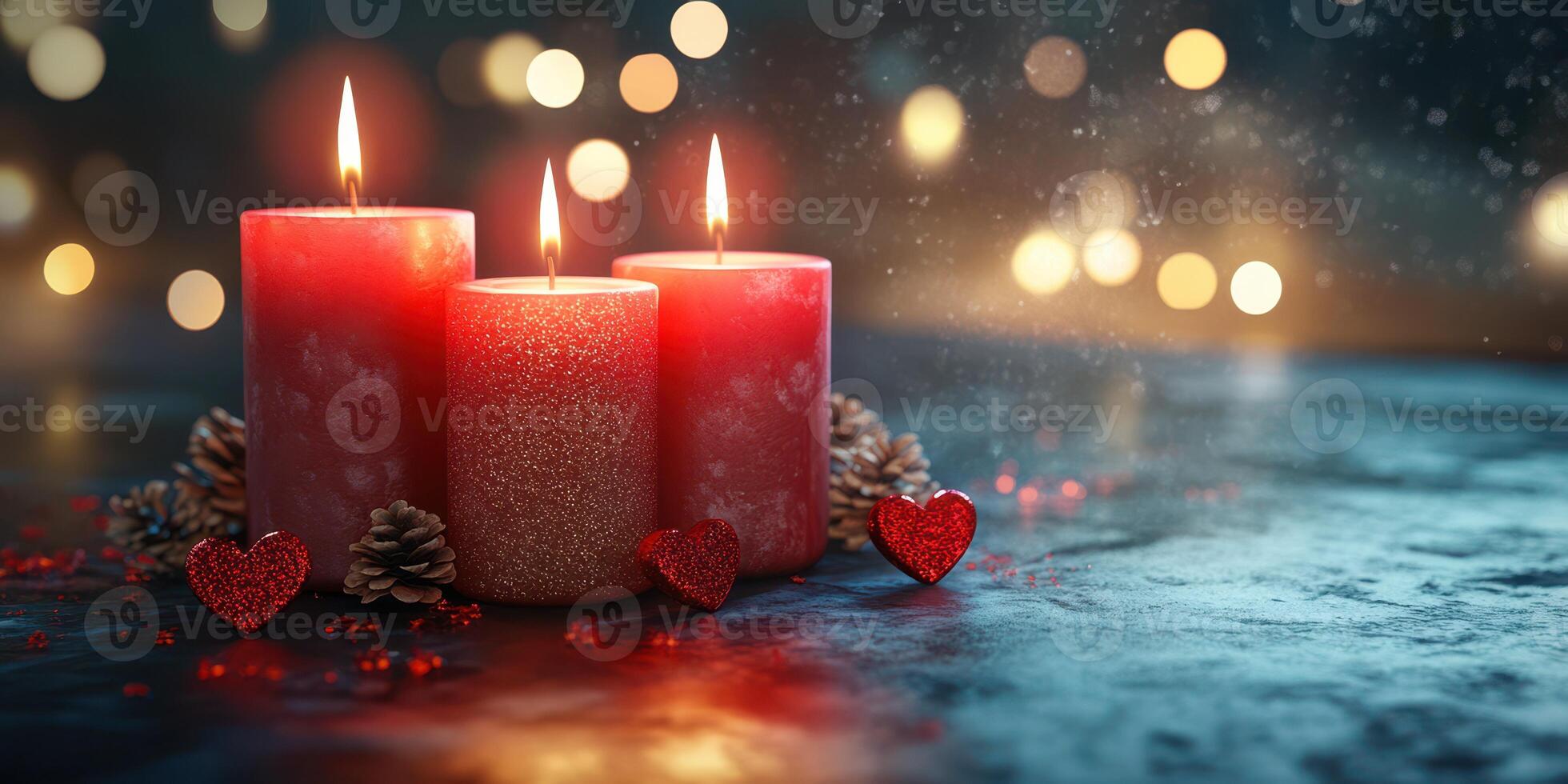 Decorative red candles with heart shapes and pinecones create a warm atmosphere in a cozy setting photo