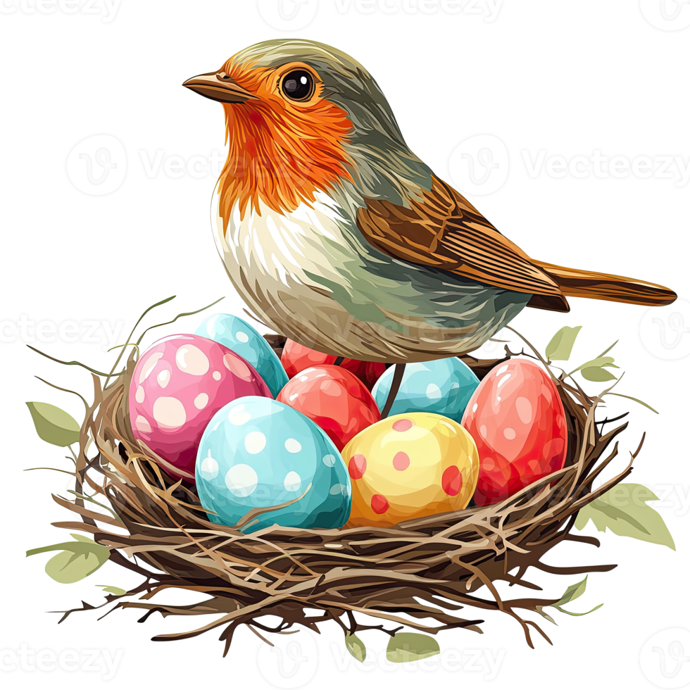 Robin Guarding Colorful Nest Eggs png