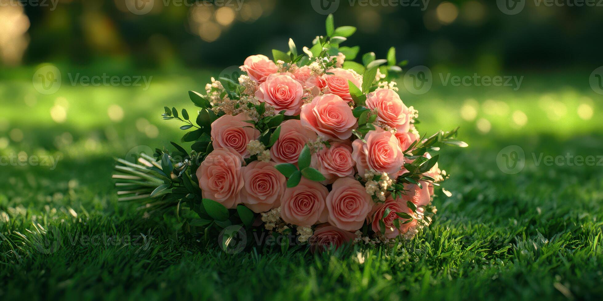 Fresh bouquet of pink roses resting on lush green grass in a serene outdoor setting during the late afternoon photo