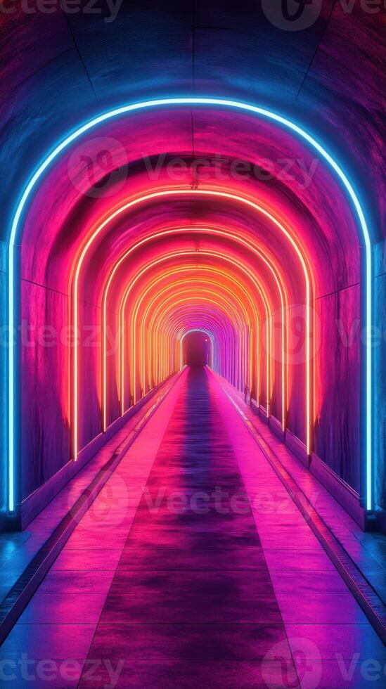 Colorful neon tunnel illuminated with bright lights creating an enchanting atmosphere at night photo