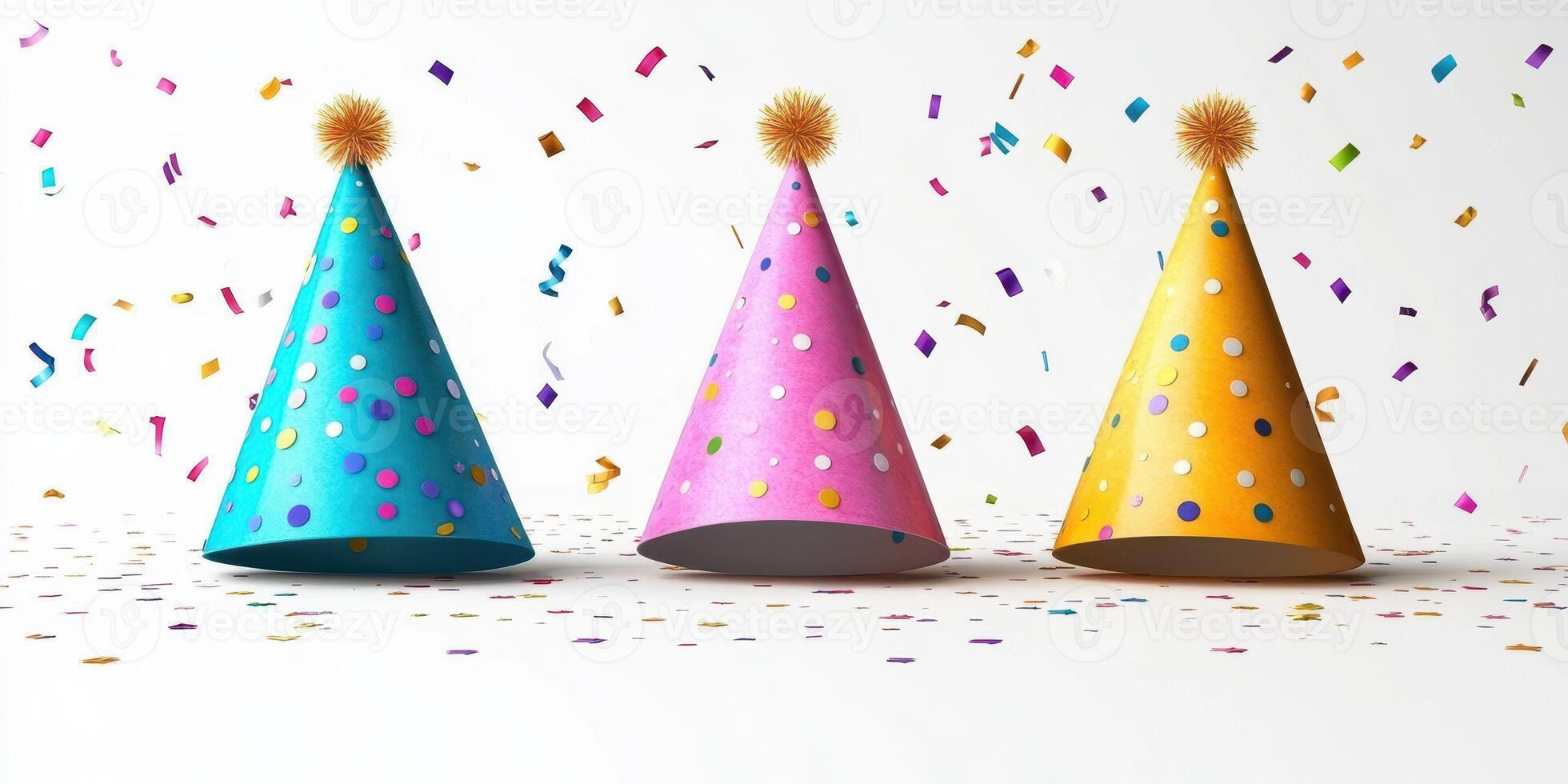 Colorful party hats and confetti create a festive atmosphere for celebrations photo