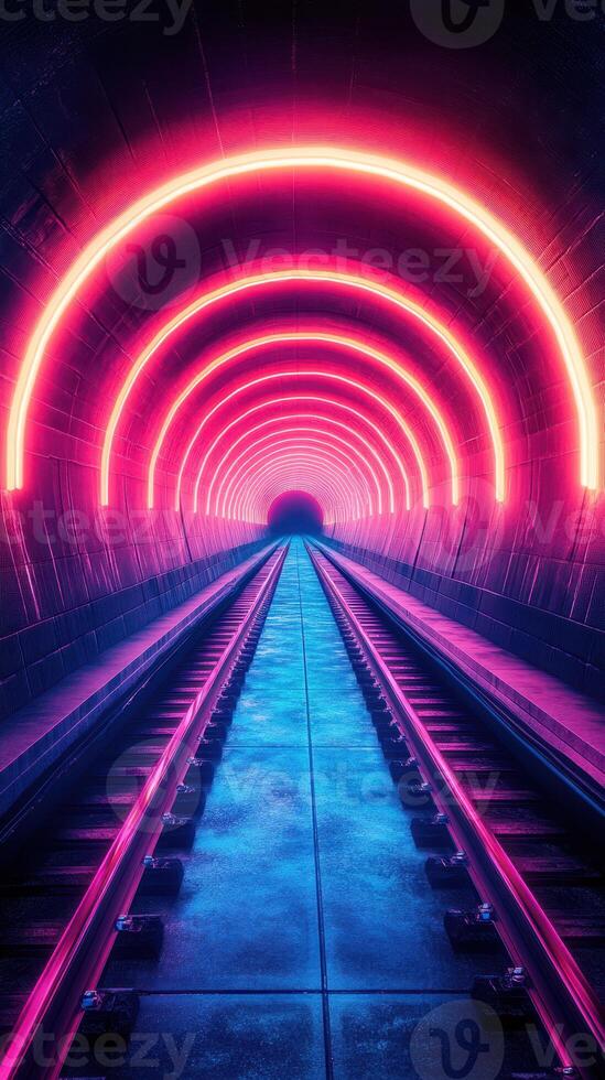 Bright neon lights illuminate an underground tunnel with railway tracks leading into darkness photo