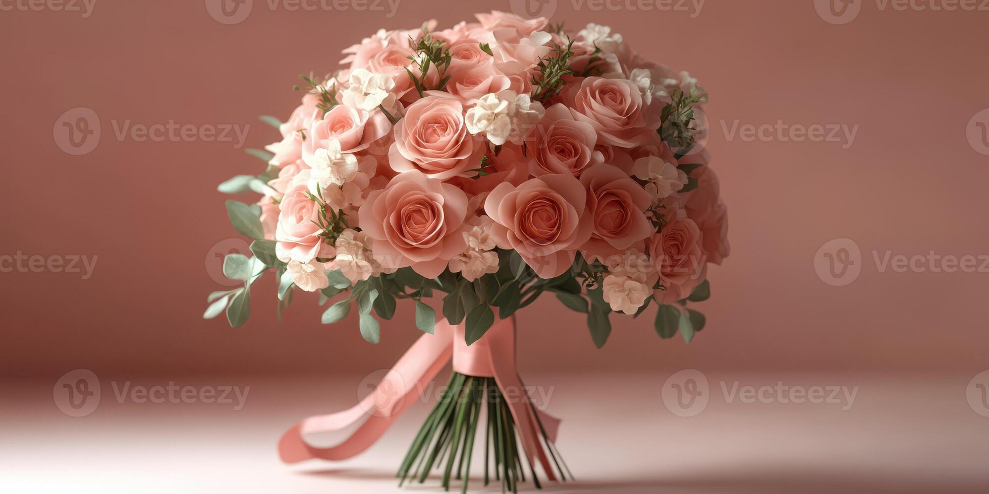 Beautiful pastel bouquet of roses and delicate flowers on a soft pink background designed for special occasions photo