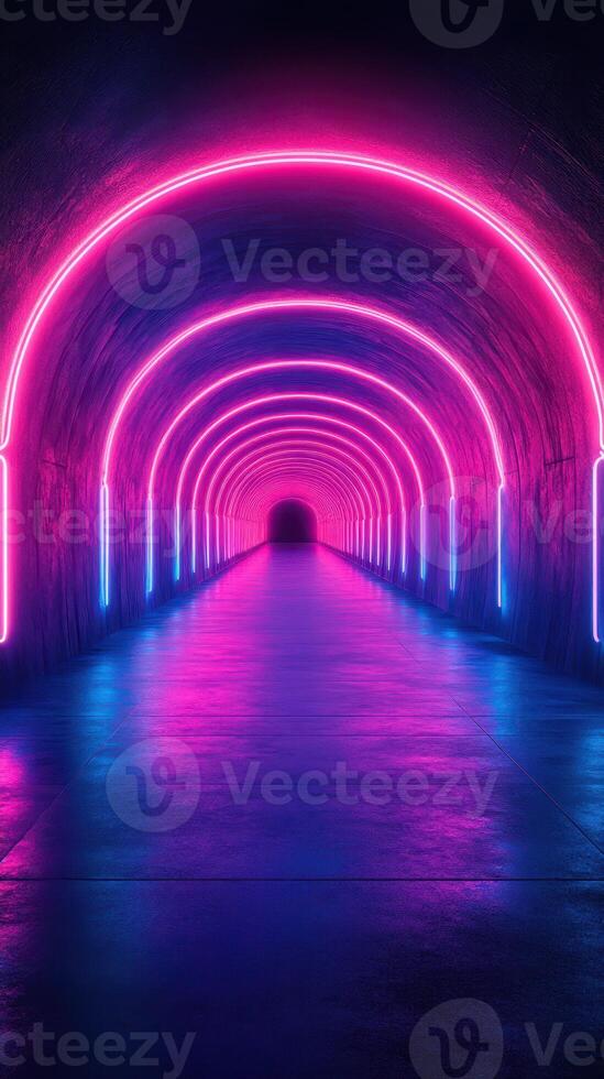 Vibrant neon tunnel illuminated with pink and blue lights creates a stunning visual effect photo