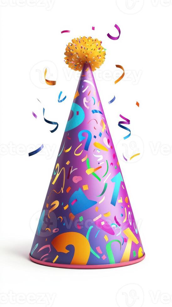 Colorful party hat with confetti on a white background, perfect for celebrations and festive occasions photo
