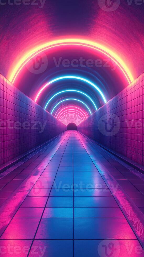 Neon lights illuminate a modern tunnel creating a vibrant urban atmosphere at night photo