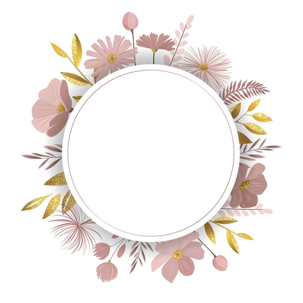 Round floral frame for greeting card, invitation. Botanical template with golden leaves and delicate meadow flowers. vector