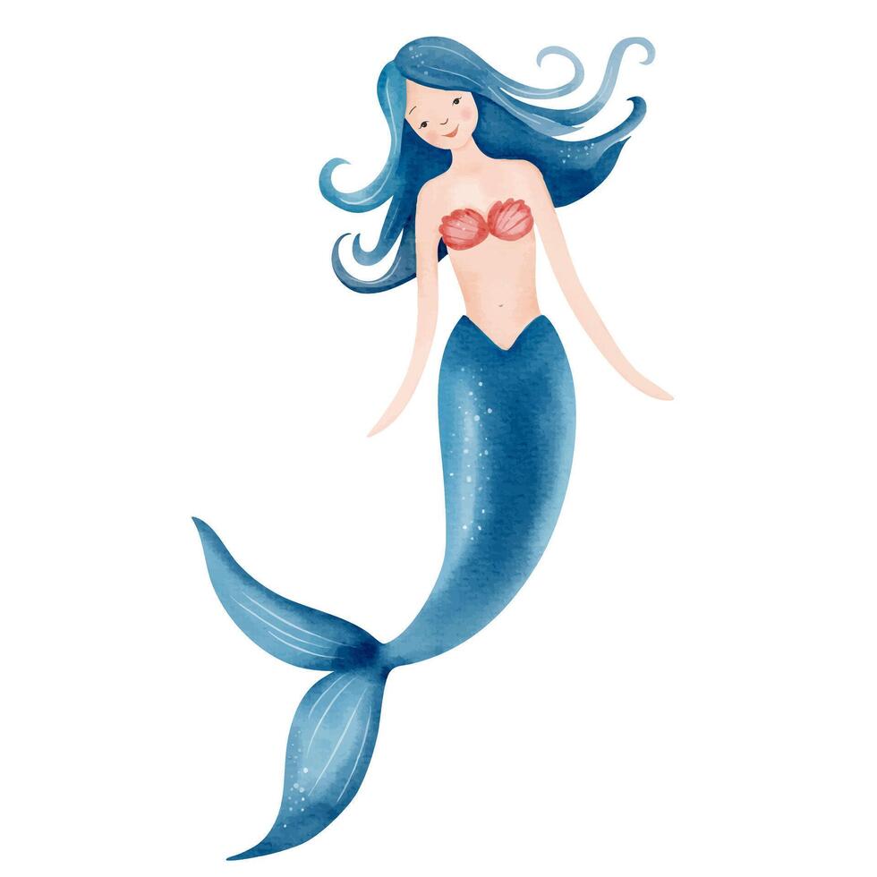 Cute watercolor mermaid. Hand drawn underwater mermaid. Fairytale water character. Underwater sea life vector