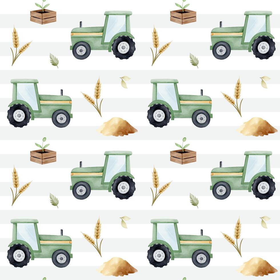 Seamless pattern with watercolor tractor and ears of grain. Farm pattern. Agricultural watercolor background vector