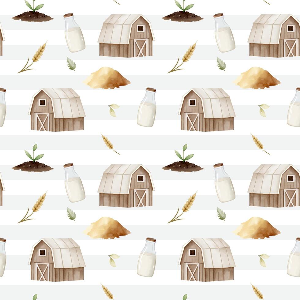 Seamless pattern with watercolor barn, milk and agricultural tools. Farm pattern. Agricultural watercolor background vector