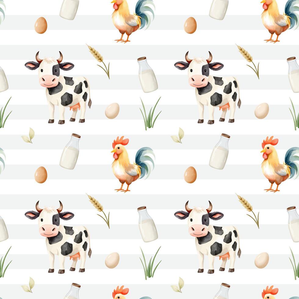 Seamless pattern with cute watercolor cow, rooster and eggs. Domestic animals. Farm watercolor pattern. vector