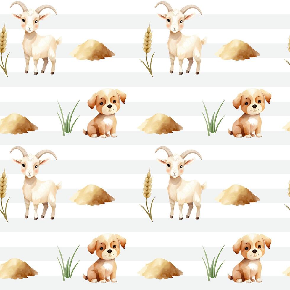 Seamless pattern with cute watercolor dog, goat and grain. Domestic animals. Farm watercolor pattern. vector