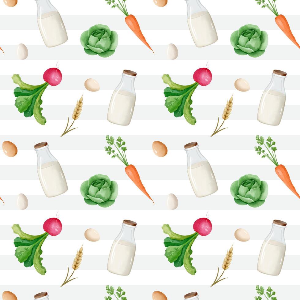 Seamless pattern with watercolor bottle of milk, vegetables. Farm pattern. Harvest watercolor background vector