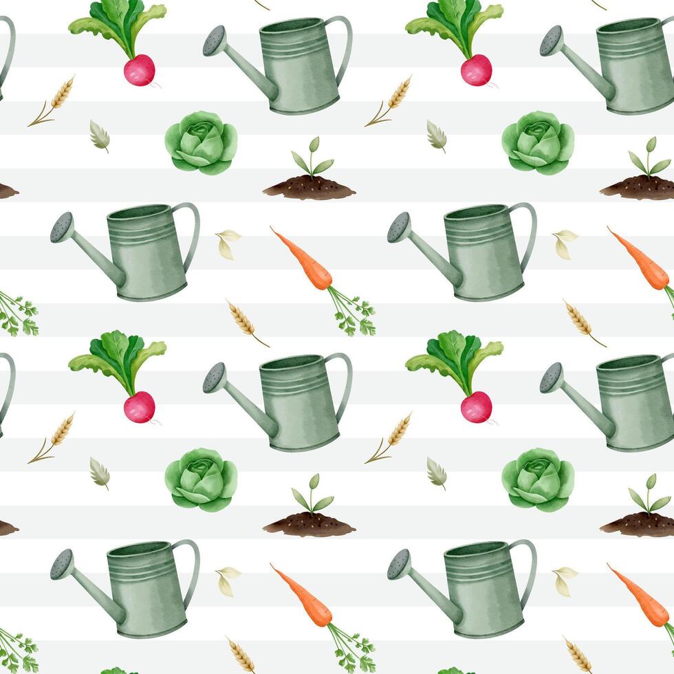 Seamless pattern with watercolor watering can, vegetables. Farm pattern. Agricultural watercolor background vector