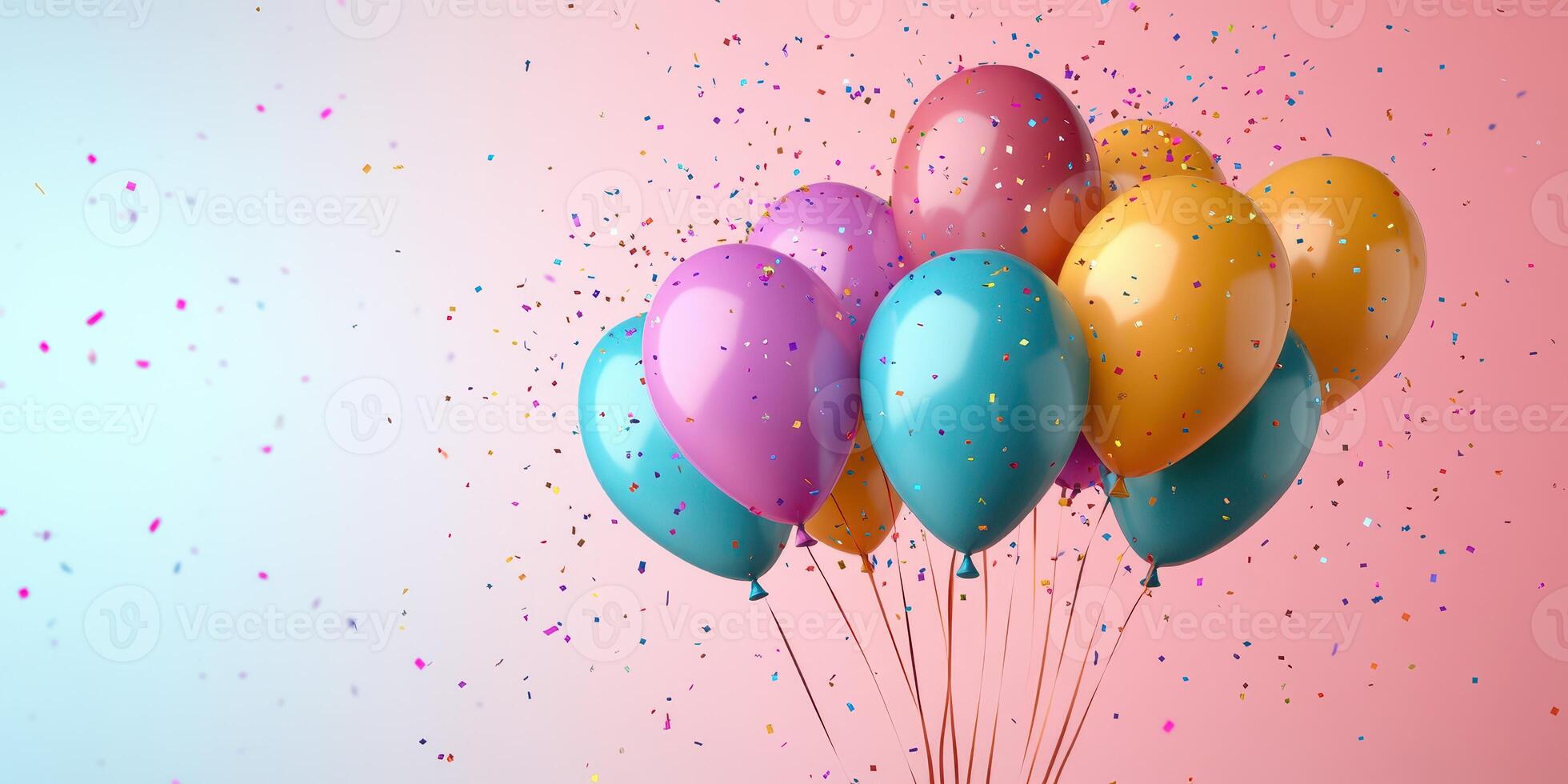 Colorful balloons float amidst confetti in a festive celebration setting during daytime photo