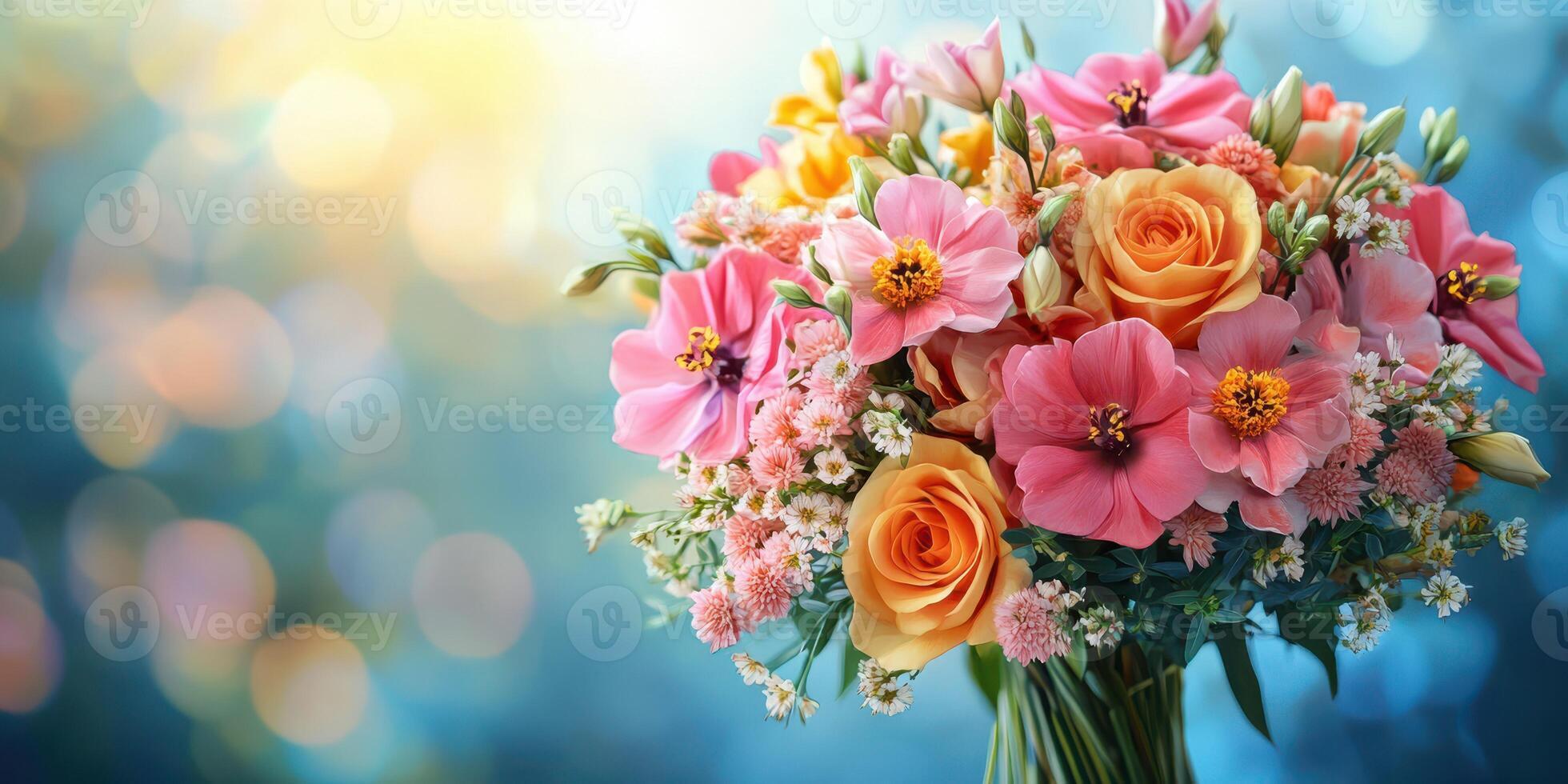 Bright, colorful bouquet of assorted flowers in a glass vase on a blurred background photo