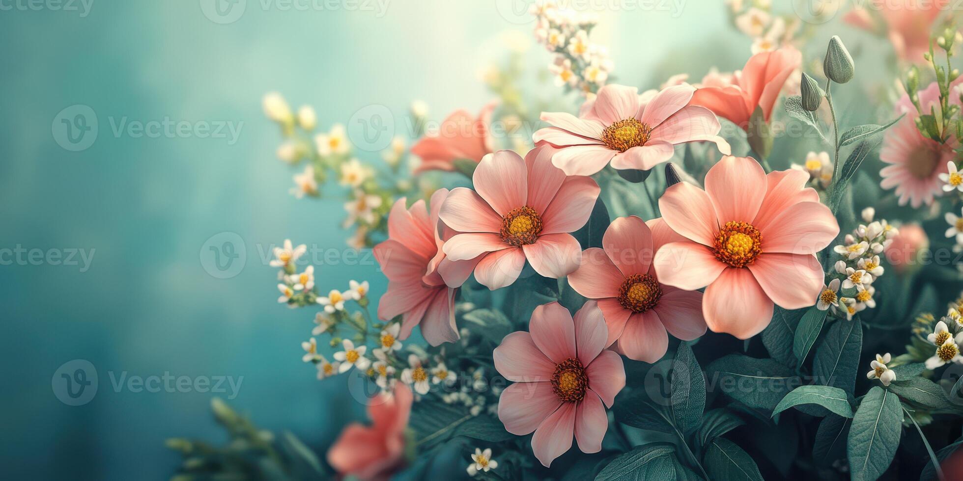 Beautiful pastel flowers in bloom with delicate greenery in a serene setting during springtime photo