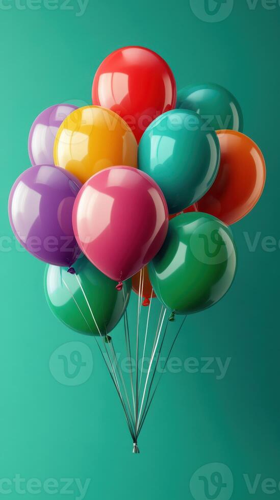 Colorful balloons floating against a turquoise background, creating a festive atmosphere for celebrations or events photo