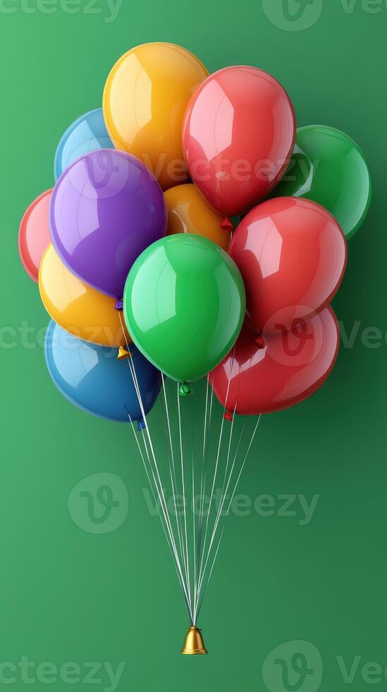 Colorful balloons floating against a vibrant green background, adding joy to any celebration or event setting photo
