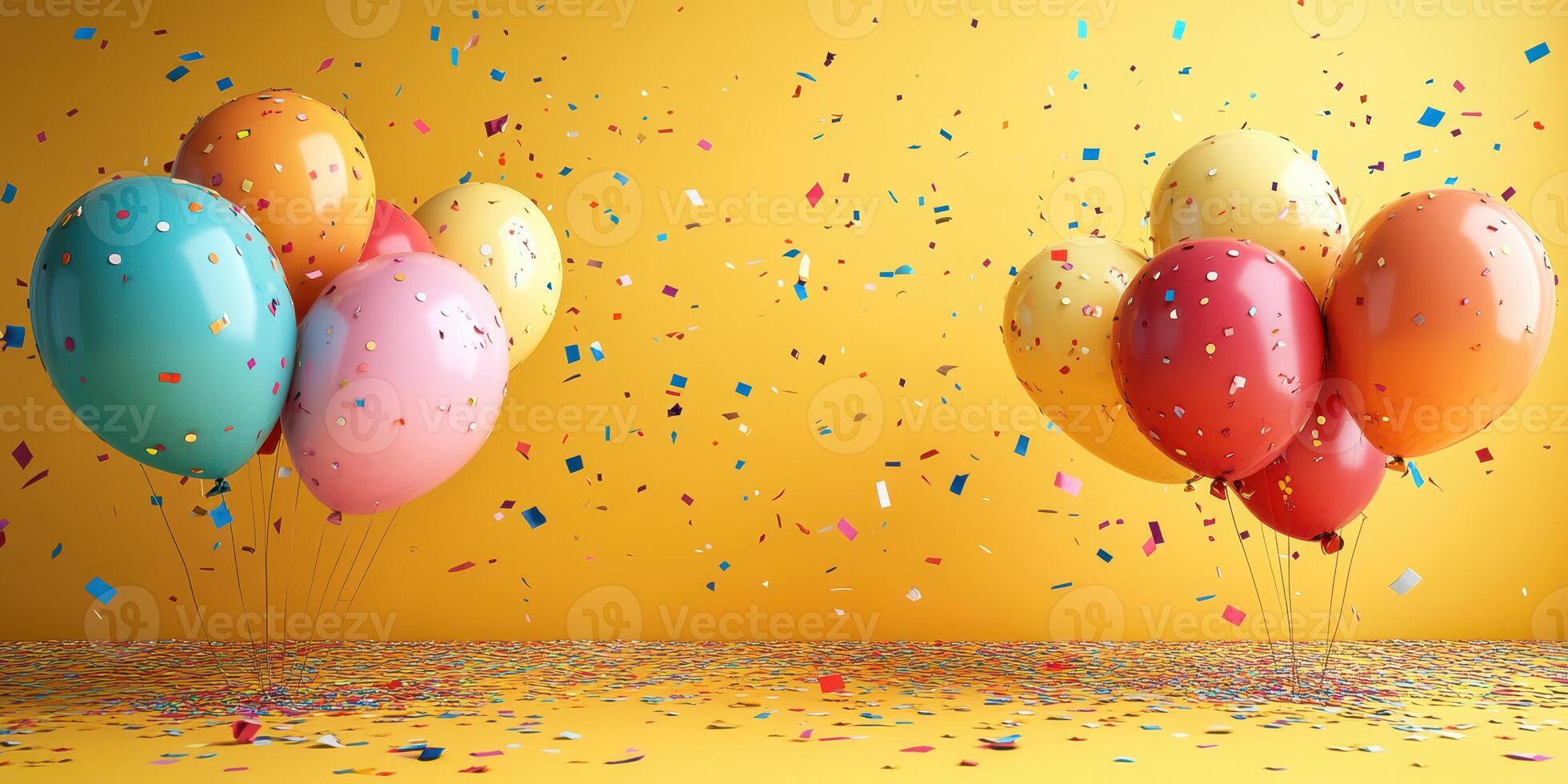 Celebratory balloons and confetti create a vibrant atmosphere for a festive occasion indoors photo