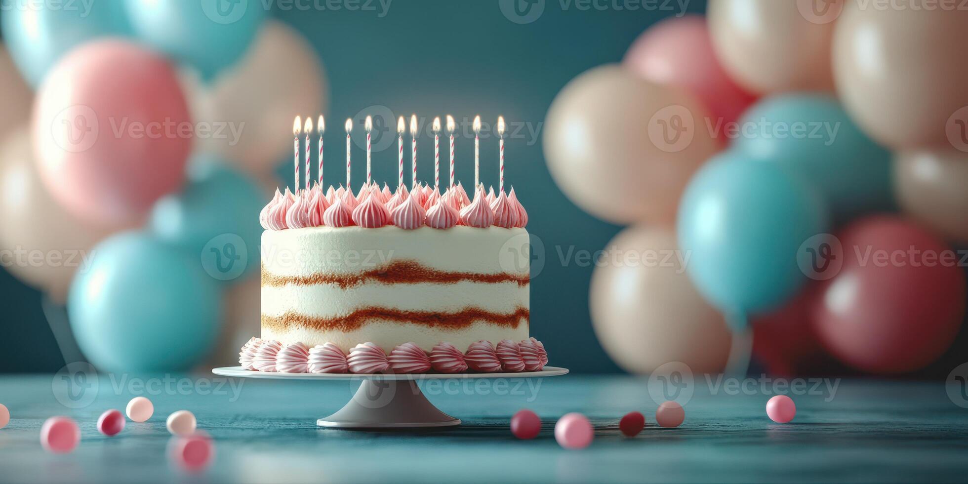Celebration cake with candles surrounded by colorful balloons for a joyful birthday party photo