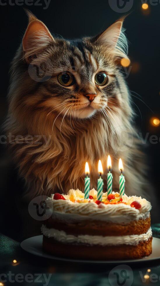 Fluffy cat gazes at birthday cake with candles in a cozy, softly lit setting during an evening celebration photo