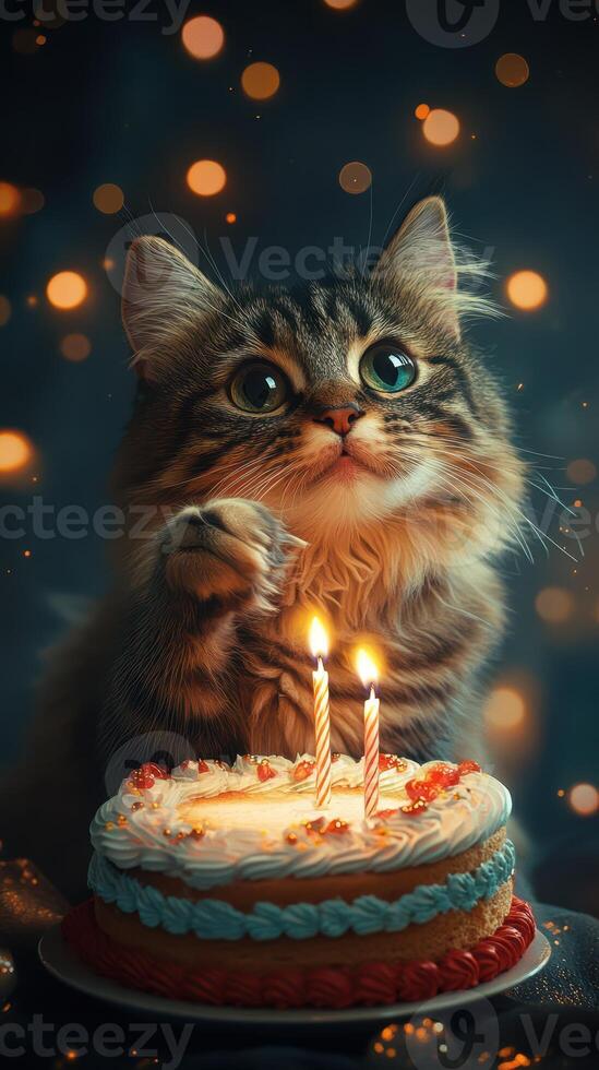 Cute kitten celebrating birthday with cake and candles in a cozy setting with soft lighting photo