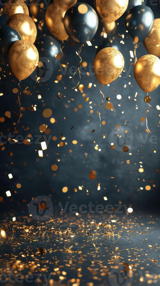 Festive celebration with golden and black balloons and confetti adding sparkle to the atmosphere photo