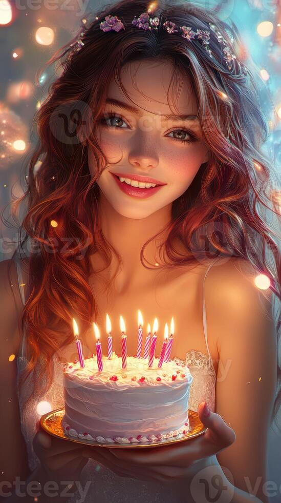 Young woman celebrates birthday with cake and candles in a festive, warmly lit setting photo