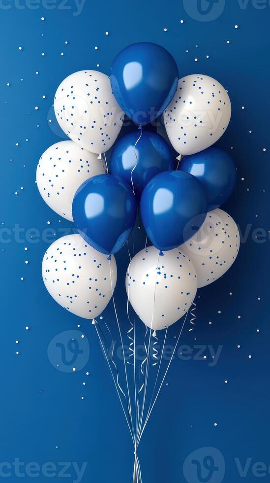 Colorful balloons with blue and white design create festive atmosphere against a solid backdrop photo