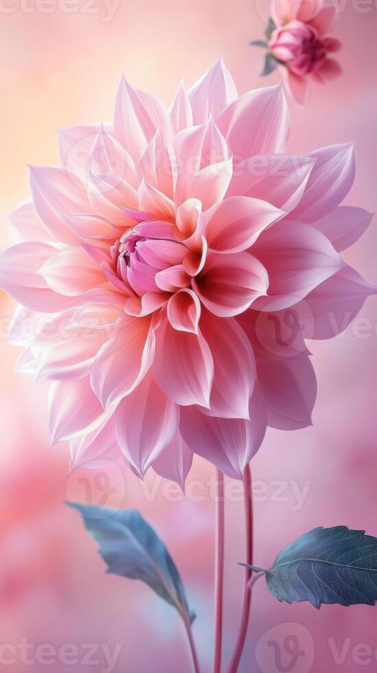 Beautiful pink dahlia flower blooming in soft pastel colors with delicate petals and leaves in a serene setting photo