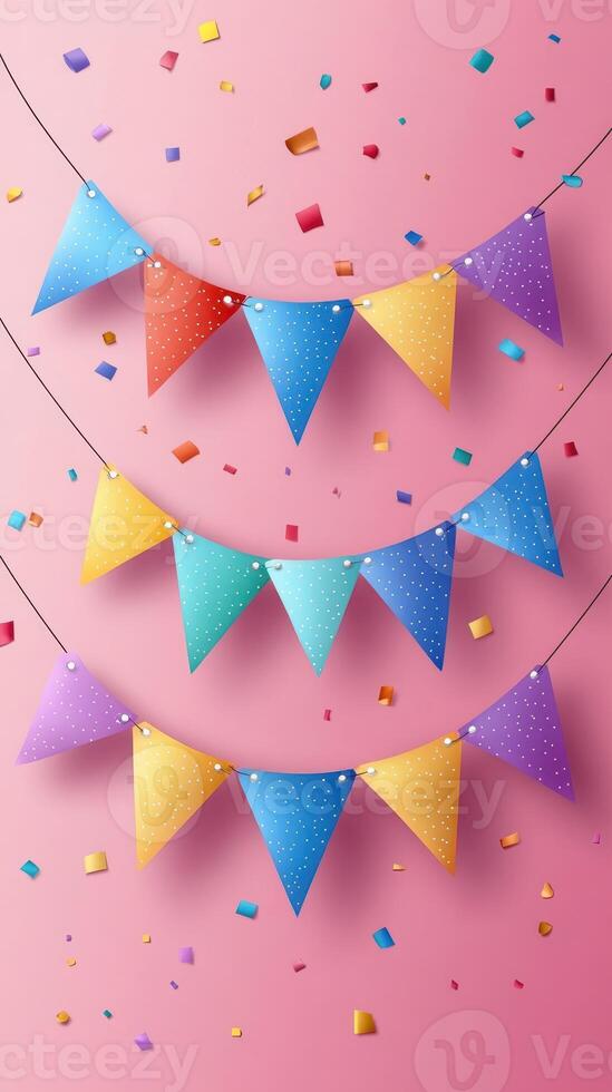 Colorful party bunting and confetti decor for festive celebrations on a pink background photo