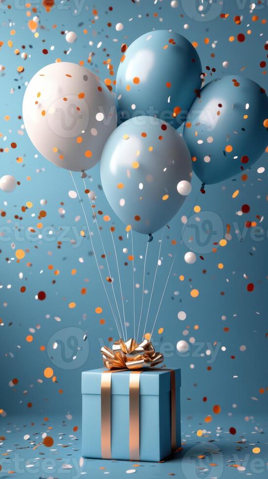Colorful celebration with blue balloons and a gift box surrounded by confetti in a festive atmosphere photo