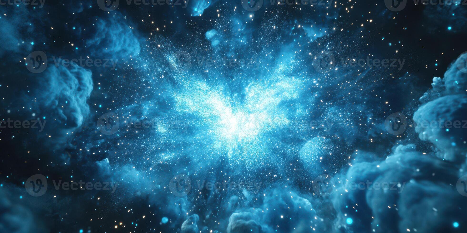 Stunning cosmic explosion with vibrant blue colors illuminating the universe at the moment of creation photo