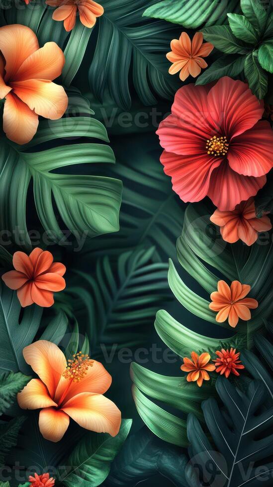 Bright tropical flowers and lush greens create a vibrant natural background in an exotic locale photo