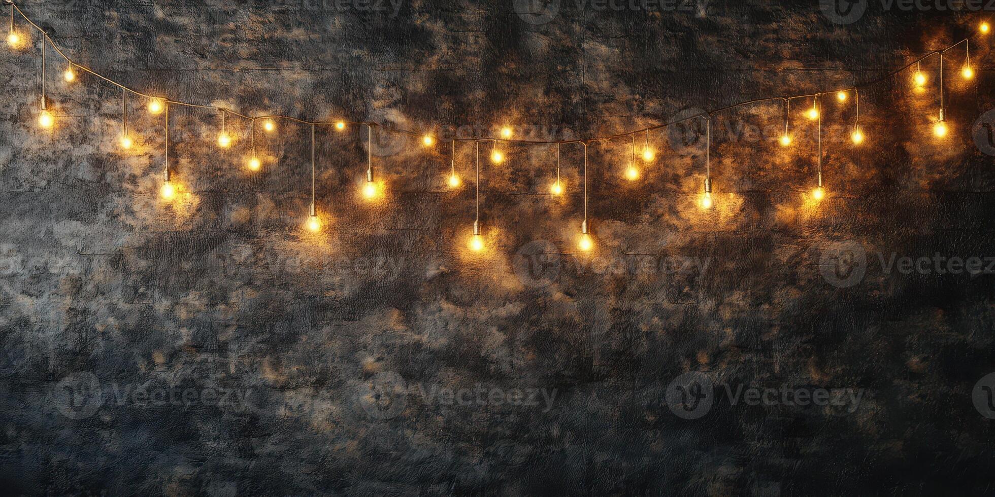 String lights illuminate a rustic wall creating a cozy atmosphere for gatherings or celebrations at night photo