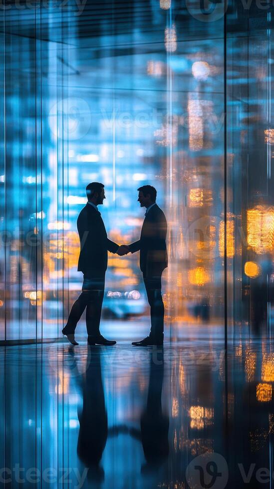 Two businessmen shake hands in a modern office building during the daytime photo