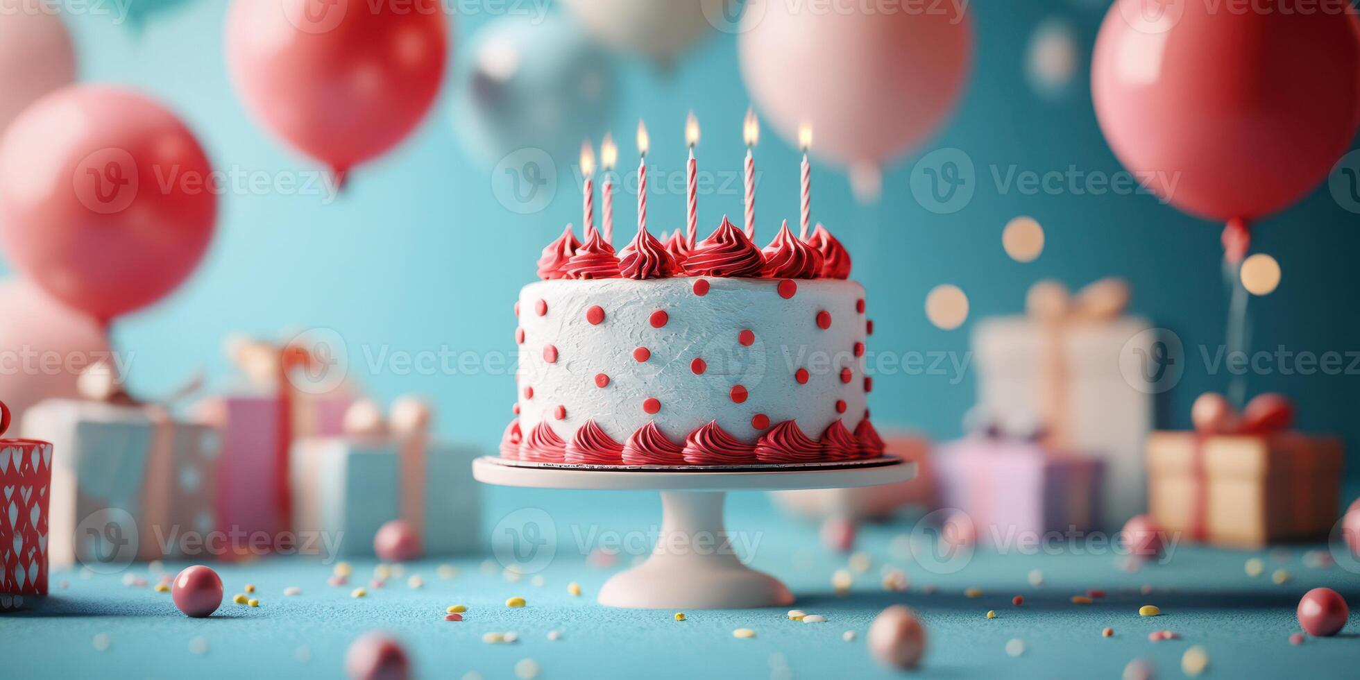 Colorful celebration cake with candles surrounded by balloons and gifts in a festive atmosphere photo