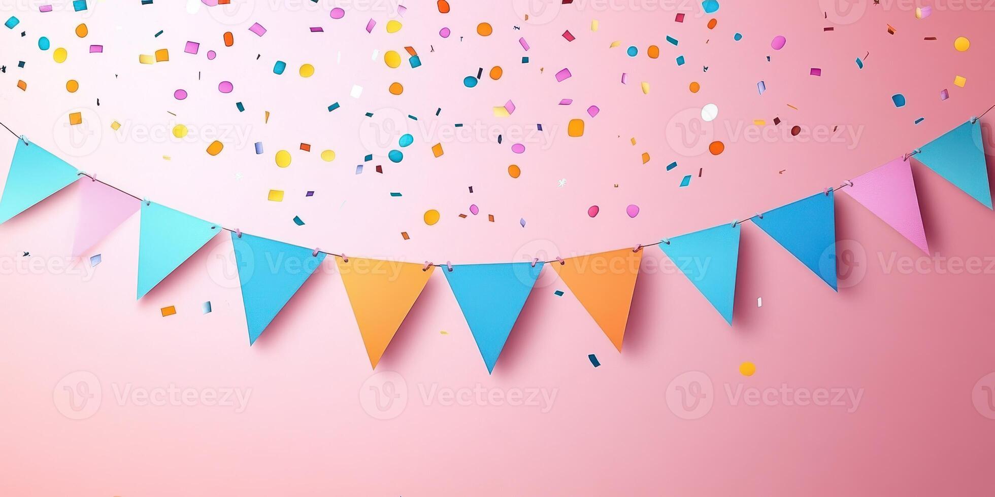 Colorful party decorations create a festive atmosphere with confetti and bunting against a pink backdrop photo