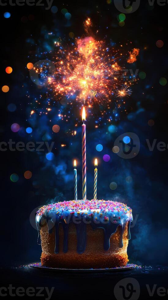 Celebration with a colorful birthday cake topped with candles and fireworks in a vibrant atmosphere photo