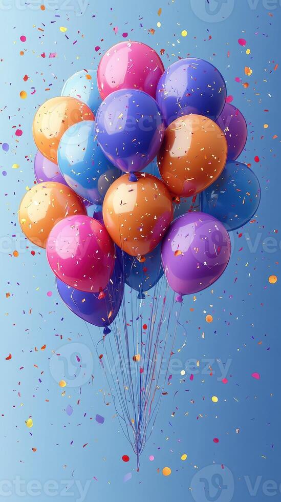 Colorful balloons floating against a blue backdrop with confetti creating a festive atmosphere perfect for celebrations photo