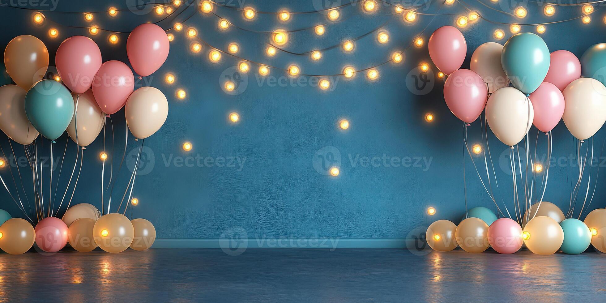 Celebration backdrop with colorful balloons and warm lights creating a festive atmosphere for events photo