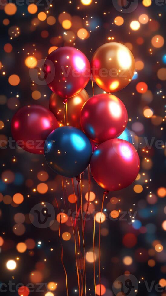 Colorful balloons float gracefully amidst a shimmering backdrop of bokeh lights during a festive celebration photo