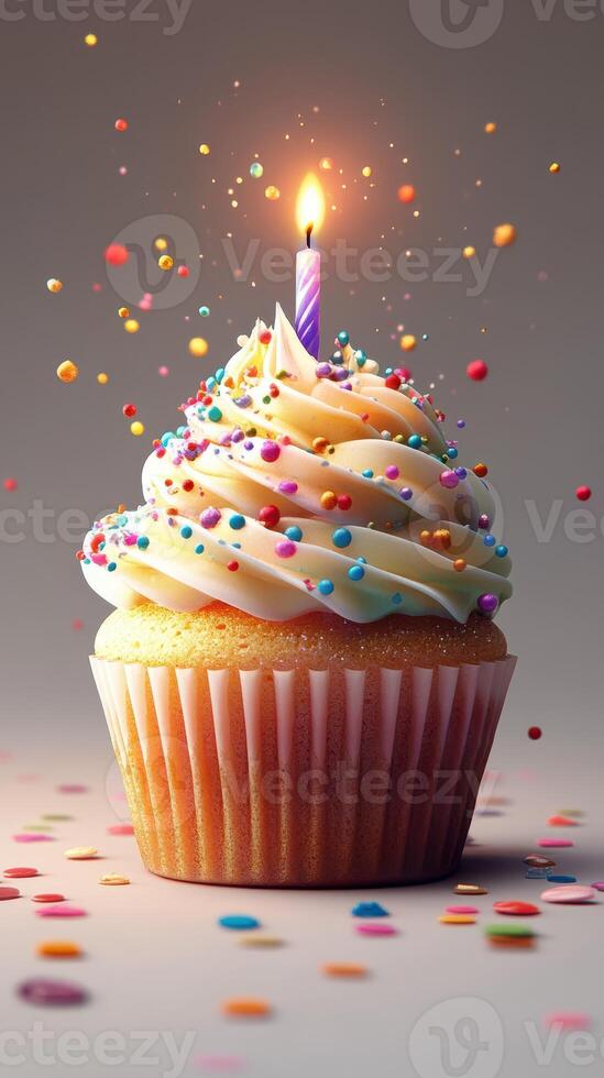 Colorful birthday cupcake with a lit candle and sprinkles on top in a festive setting photo