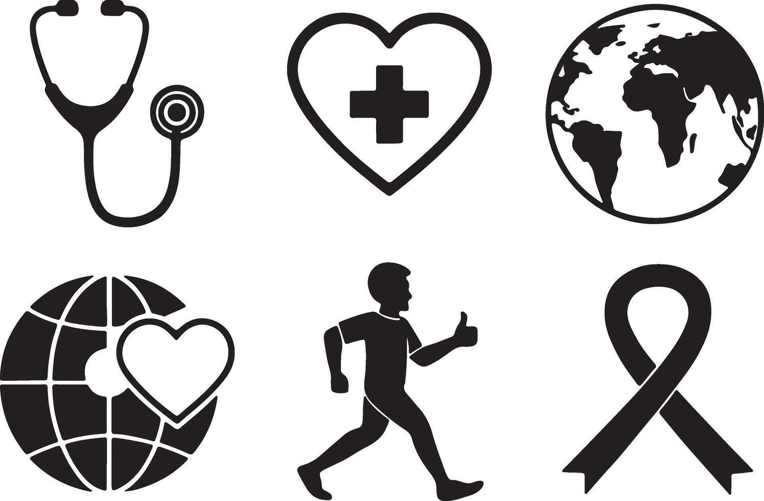 Filled black color World Health Day and medical care icon set. vector