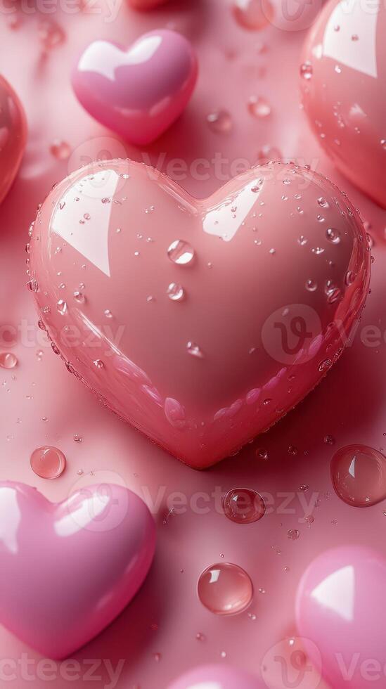 Colorful heart shapes with droplets sit on a pink background, creating a playful and romantic atmosphere during a festive event photo